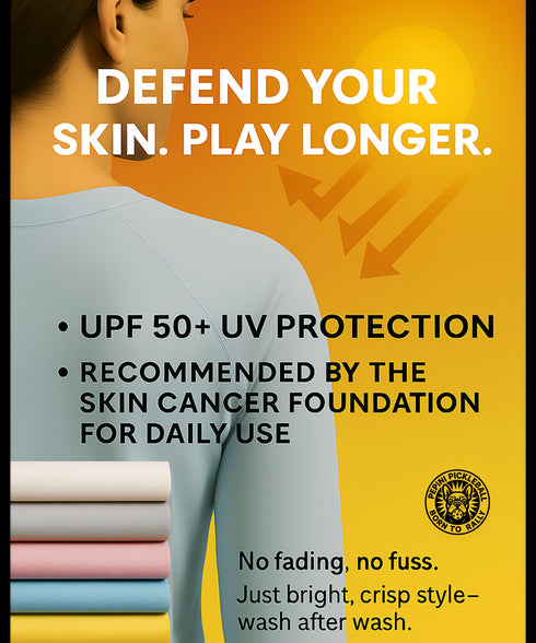 Promotional advertisement for UV-protective clothing with text and a person wearing light gray leggings.